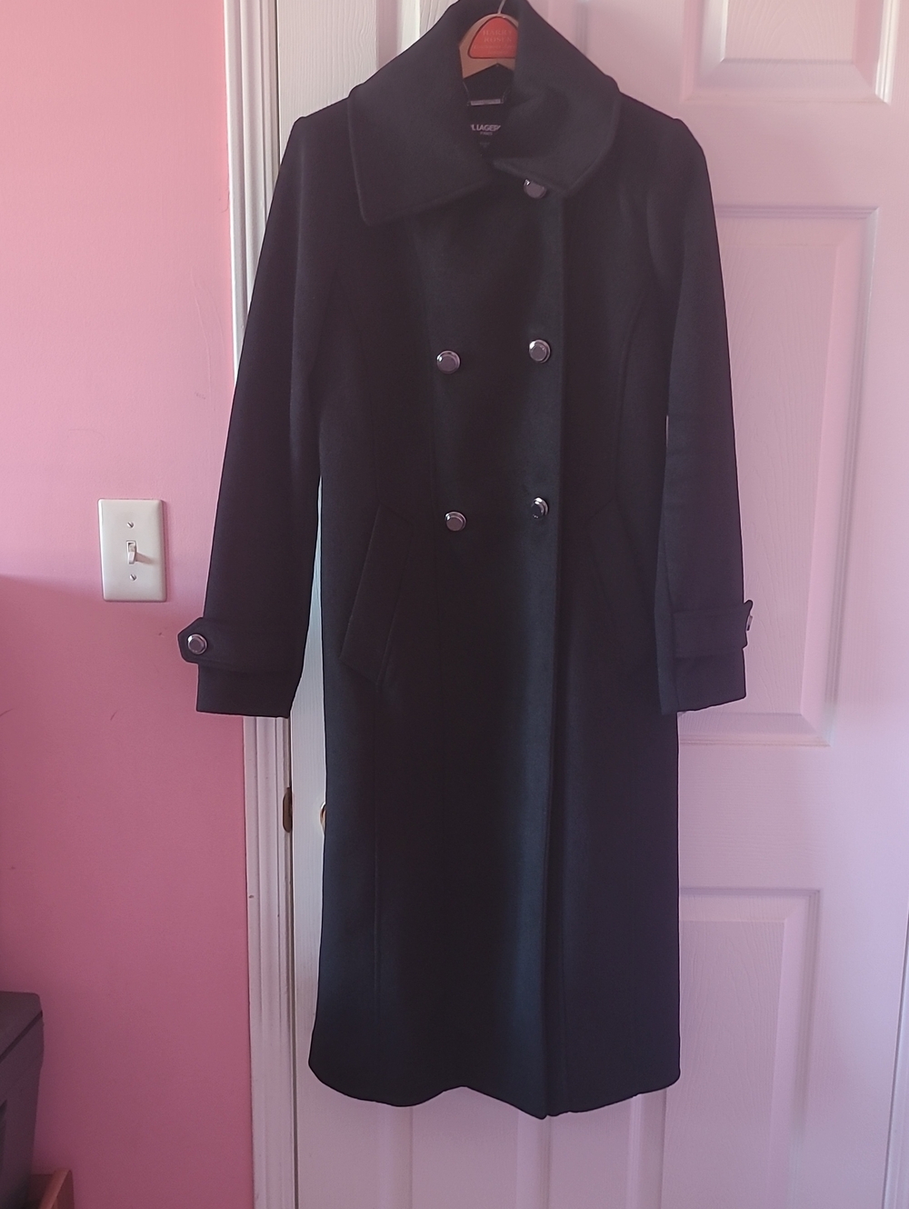 Karl Lagerfeld Black Double-Breasted Long Trench Coat